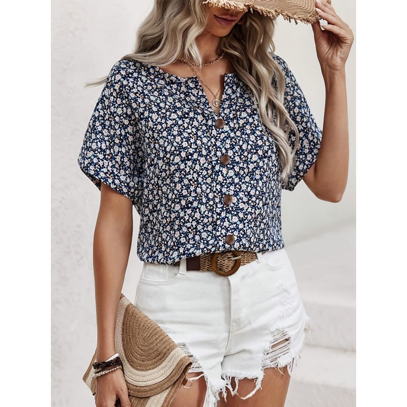 Women's Casual Floral Jacquard V-Neck Short-Sleeve T-Shirt_ecoleips.com
