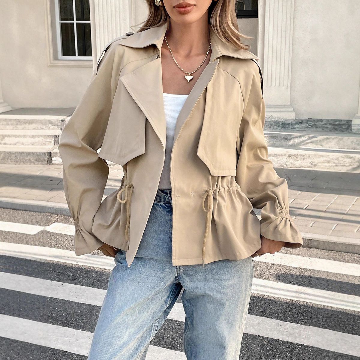 ng2510292 European American Style Short Trench Coat Women, New Spring Autumn Collection, With A Drawstring Waist, Loose Fit,_ecoleips.com