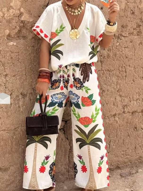 Women's Clothing Casual Loose V Neck Short Sleeved Printed Linen Wide Leg Trousers Suit_ecoleips.com