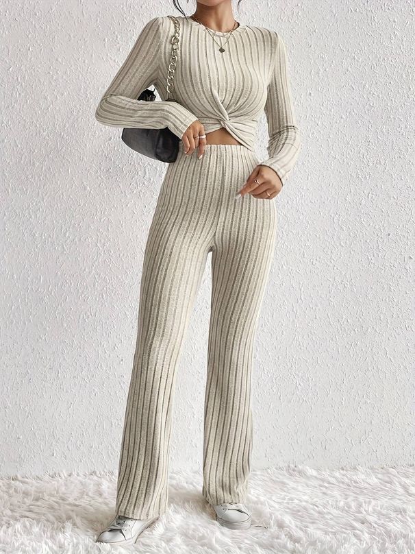 Women's Clothing Round Neck Long Sleeved Fashion Casual Suit Knitted Ribbed Wide Leg Pants Suit_ecoleips.com