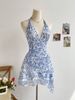 Blue Floral Mesh Dress Fashionable Elegant Casual Slim-Fitting Women's Clothing/Dress_ecoleips.com
