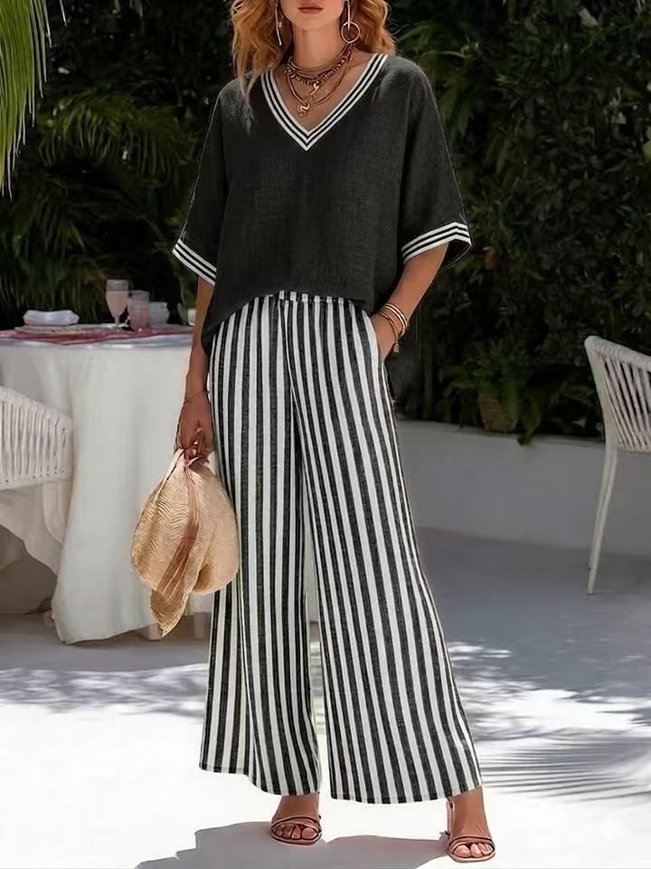 Women's V Neck Striped Wide Leg Pants Suit Two Piece Set European American Style Independent Website High End Faux Linen Summer Cross Border_ecoleips.com