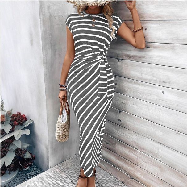 Women's Long Sleeveless Belted Tunic Dress, Striped Round Neck Casual Maxi Dress For Daily Wear_ecoleips.com