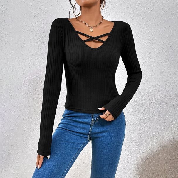 Voya Women's 2026 European And American Style V-neck Slim Fit And Slimming Long Sleeves, Inner T-shirt Base, Outer Top_ecoleips.com