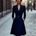 Women's V Neck Long Sleeve Dress Waist Cinching Solid Color Autumn Winter Long Dress European American Style_ecoleips.com