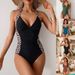 Women’s Clothing New Swimsuit Sexy Stitching One Piece Bikini Deep V Halter Neck Bikini Swimsuit_ecoleips.com