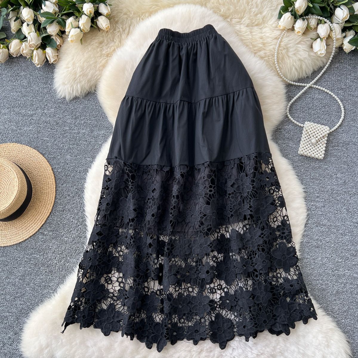 Women's Clothing Spring Gentle Style High Waist Slim Hollow Lace Splicing A Line Mid Length Skirt_ecoleips.com