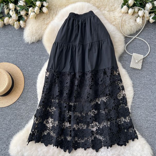 Women's Clothing Spring Gentle Style High Waist Slim Hollow Lace Splicing A Line Mid Length Skirt_ecoleips.com