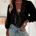 Women's Clothing V-Neck Blouse With Flounce Hem And Puff Sleeves, Elegant Long Sleeve Tops For Casual Wear_ecoleips.com
