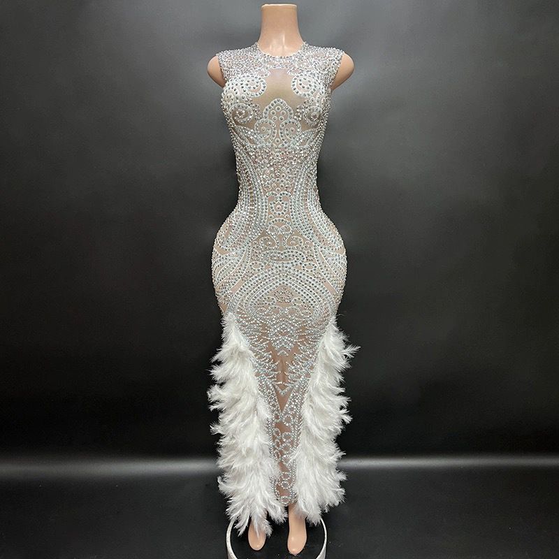 Women's Clothing Performance Costume Sleeveless Feather Full Diamond Slim Dress Singer Celebrity Party Banquet Party Dress_ecoleips.com