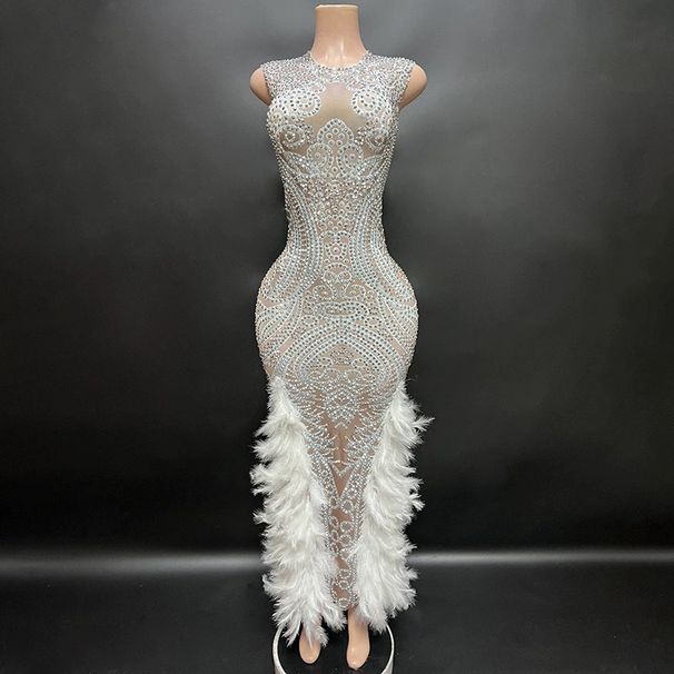 Women's Clothing Performance Costume Sleeveless Feather Full Diamond Slim Dress Singer Celebrity Party Banquet Party Dress_ecoleips.com