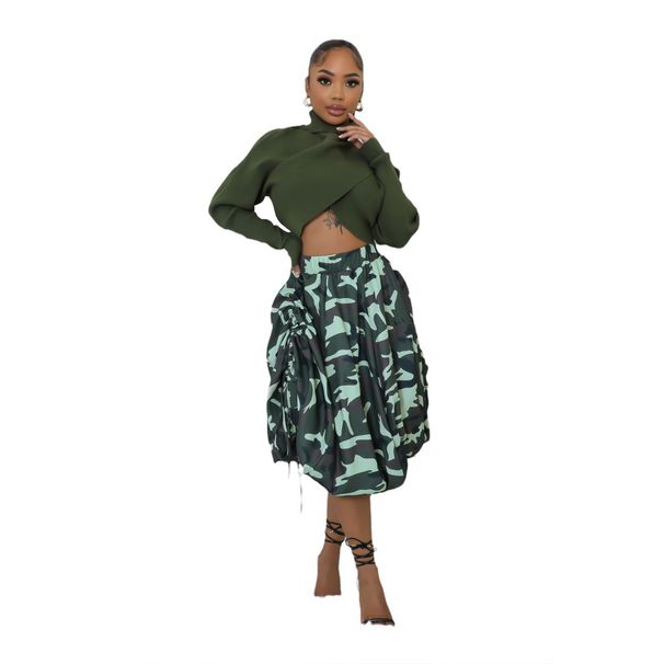 Women’s Clothing High Waist Leopard Print Skirt Camouflage Drawstring Bud Skirt Pleated Puffy Lantern Skirt_ecoleips.com