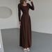 Women's Elegant Long Sleeve Dress French Style U Neck Waist Tie Solid Color Autumn Winter American Clothing_ecoleips.com