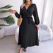 2026 Women Cross V Neck Pleated Long Dress, Elegant Swing Casual Maxi Dress_ecoleips.com