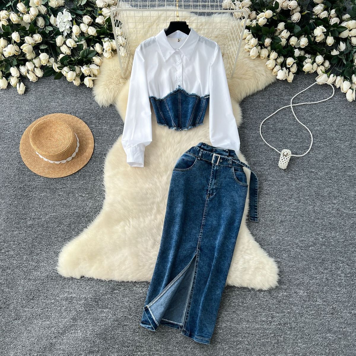 Women's Clothing Two Piece Long Sleeved Shirt Women's Belt Waist Denim Skirt Two Piece Suit_ecoleips.com