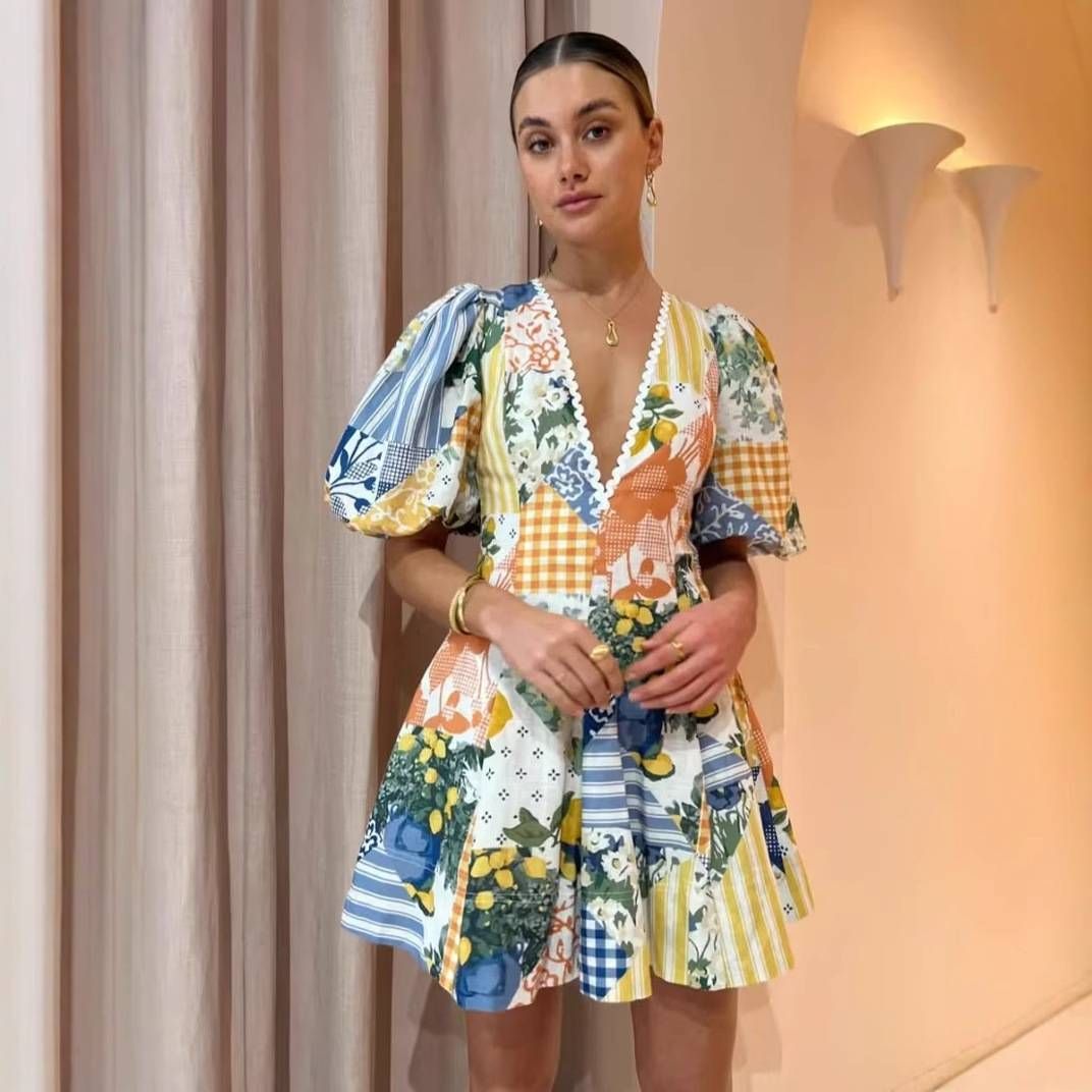 Women's Clothing Cotton And Linen Puff Sleeve Print Dress Summer V Neck Beach Series Midi Dress_ecoleips.com