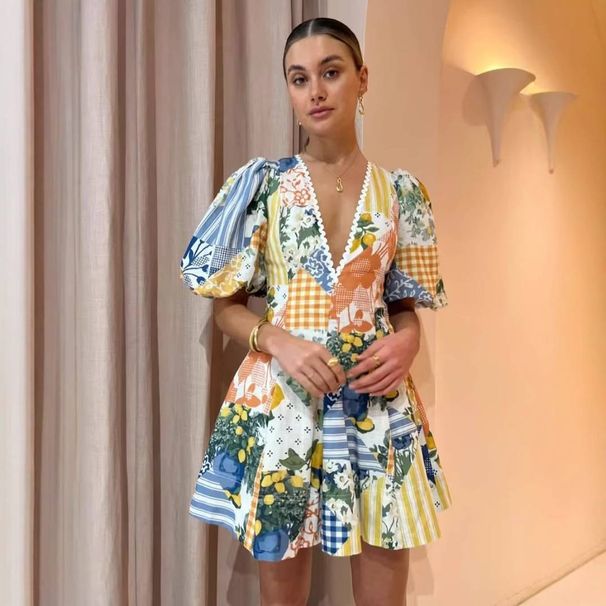 Women's Clothing Cotton And Linen Puff Sleeve Print Dress Summer V Neck Beach Series Midi Dress_ecoleips.com