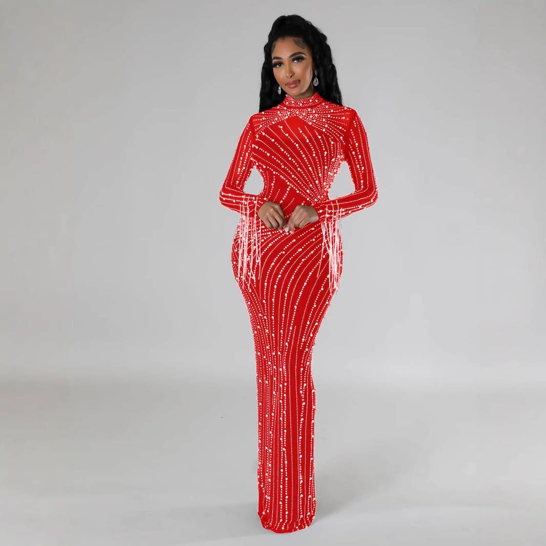 Women's Clothing Fashion Solid Color Elegant Mesh Long Sleeve Dress With Rhinestone Embroidery – Pure Color Sheer Dress For Women (Red/Blue, S-XXL)_ecoleips.com