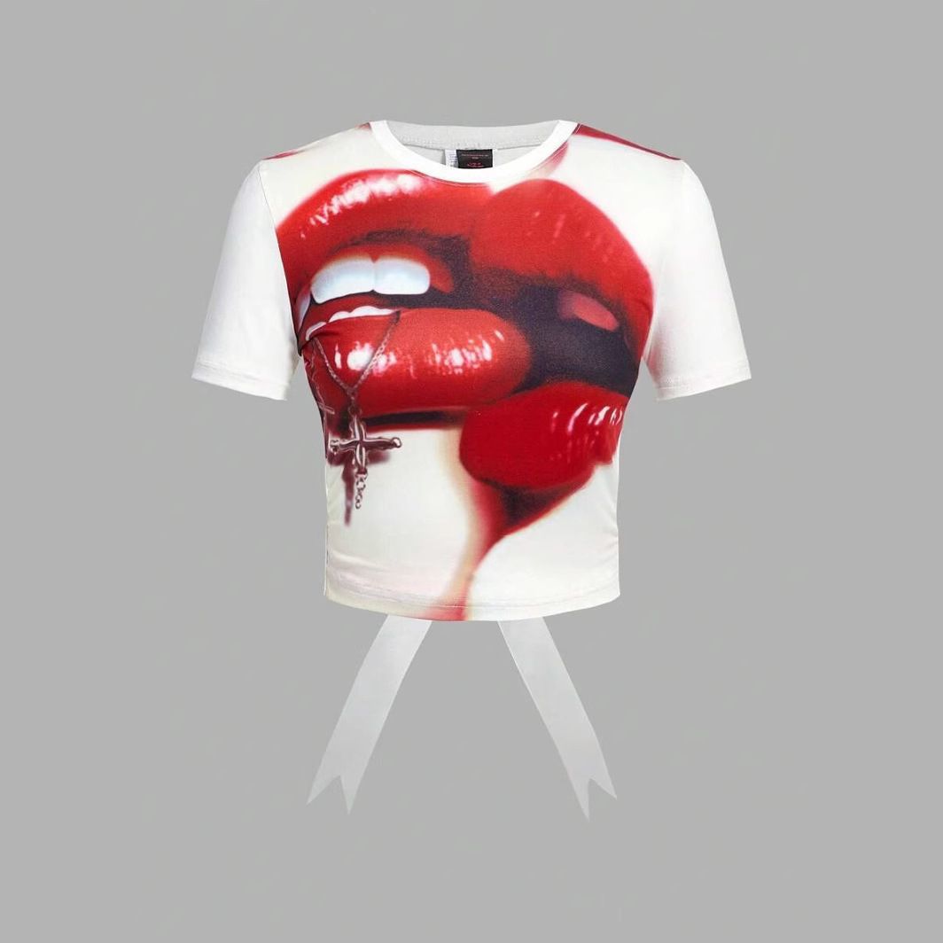 European American Style Women's Backless Tie-Waist Short-Sleeved round Neck Cropped Top Fashion Trendy Summer Figure Show_ecoleips.com