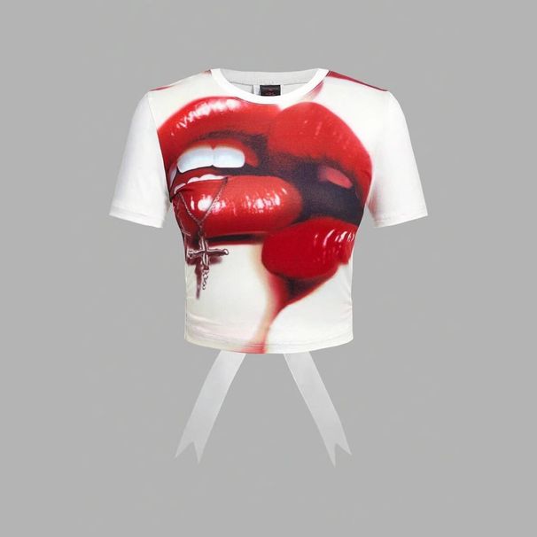 European American Style Women's Backless Tie-Waist Short-Sleeved round Neck Cropped Top Fashion Trendy Summer Figure Show_ecoleips.com