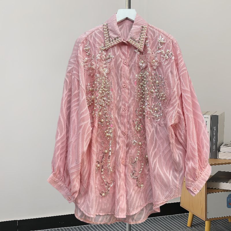 Women's Clothing All Match Long Sleeved Shirt Design Niche Medium Length Heavy Sequined Diamond Shirt_ecoleips.com