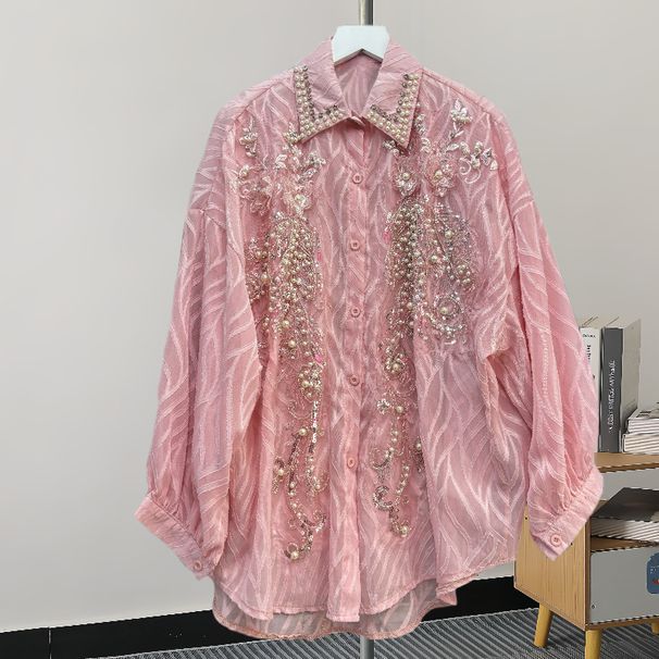 Women's Clothing All Match Long Sleeved Shirt Design Niche Medium Length Heavy Sequined Diamond Shirt_ecoleips.com