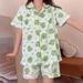 Women'S Cotton Pajamas Set Mameiji Summer Blue Plaid Cute Tamagot Chi Cartoon Short Sleeve Shorts Summer Thin Soft Loungewear_ecoleips.com
