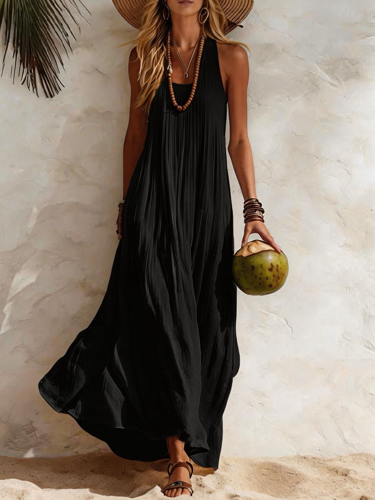 Women's Sleeveless Cotton Linen Loose Fit Maxi Dress – Casual Beach Resort Summer Gown_ecoleips.com