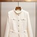 "Women's French Style Two-Piece Dress - Rhinestone Buckle Waist Tulip Skirt Set, Winter Elegant Fitted Dress, White, S-L"_ecoleips.com