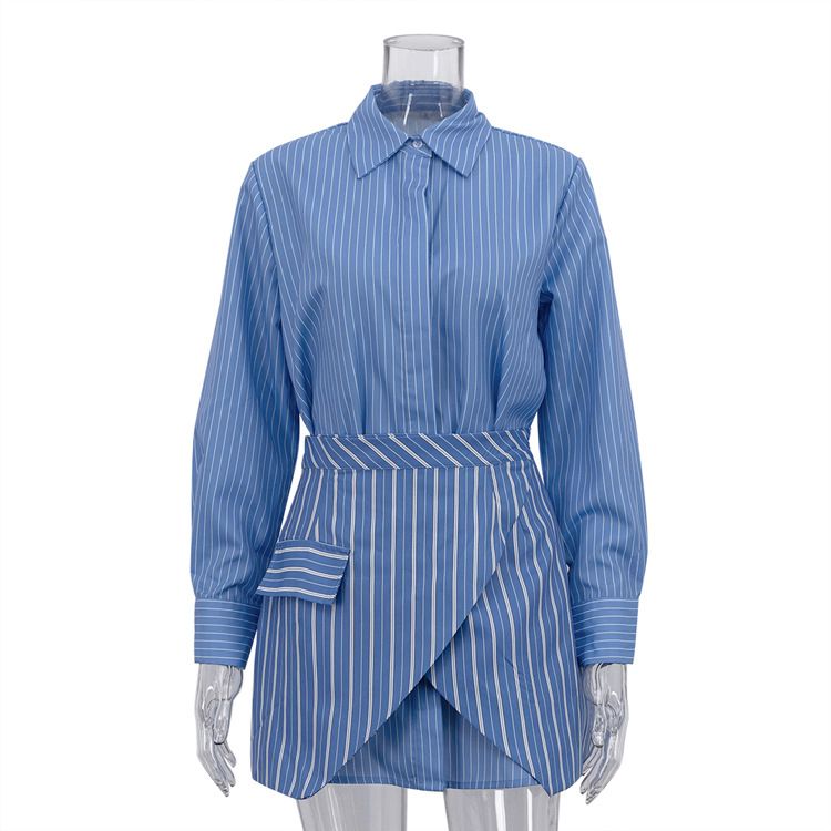 K Fashion Striped Skirt Set For Women's Clothing, New Style With Lapel And Long Sleeved Shirt, Commuting Two-piece Set_ecoleips.com