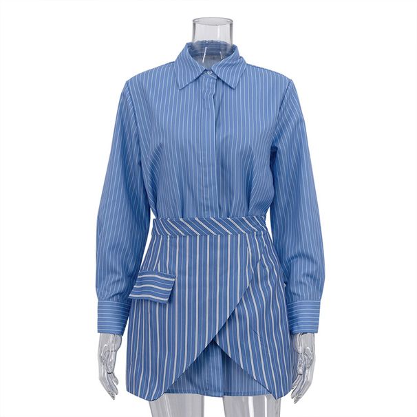 K Fashion Striped Skirt Set For Women's Clothing, New Style With Lapel And Long Sleeved Shirt, Commuting Two-piece Set_ecoleips.com