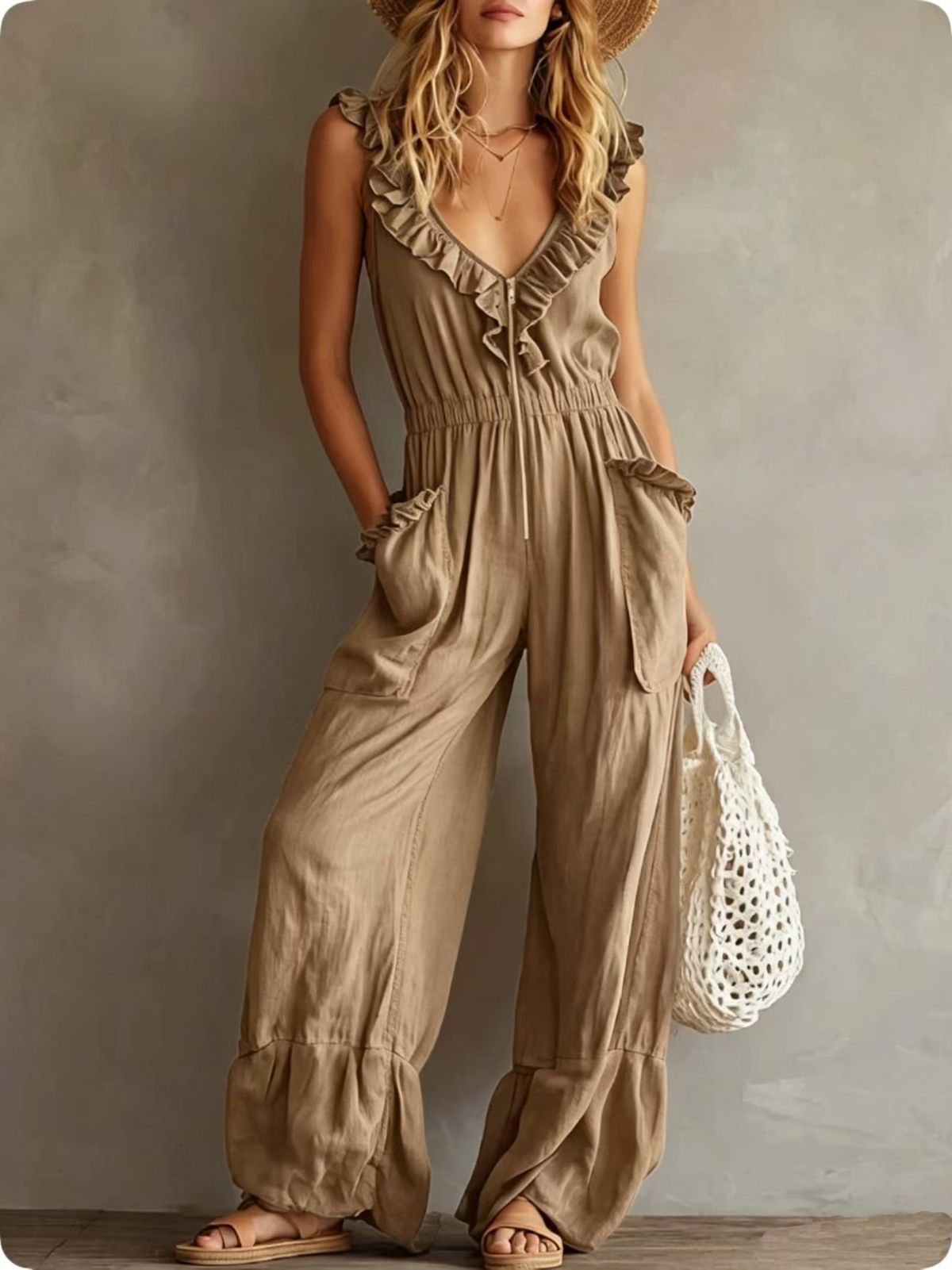 Women's Sleeveless Ruffled Wide Leg Jumpsuit Solid Color European American Retro Fashion Casual Summer Clothing_ecoleips.com