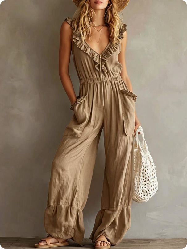Women's Sleeveless Ruffled Wide Leg Jumpsuit Solid Color European American Retro Fashion Casual Summer Clothing_ecoleips.com