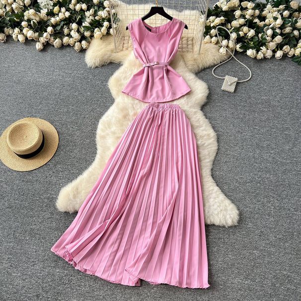 Women's Clothing Round Neck Sleeveless Top High Waist Slimming Big Swing Pleated Skirt Two Piece Suit_ecoleips.com