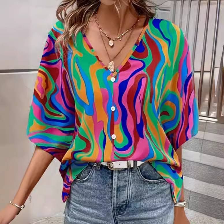 Fashion Printed Women's Clothing Elegant Bat Sleeve Loose Shirt Button V Neck Top_ecoleips.com