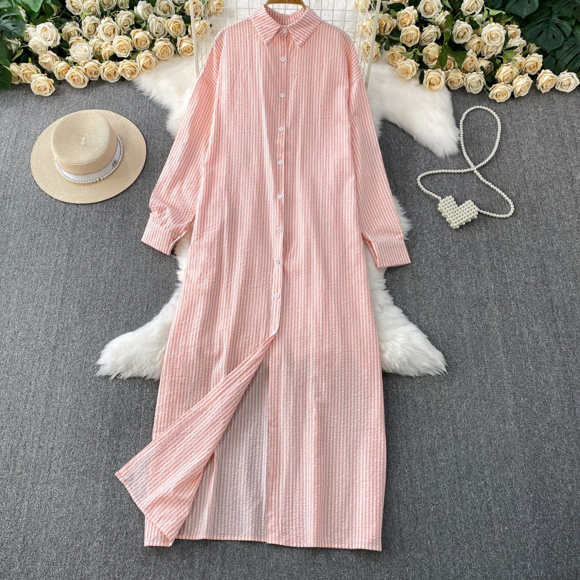 Women's Clothing Casual Temperament Striped Lapel Shirt Dress Female New Single Breasted Loose Slim Long Skirt_ecoleips.com
