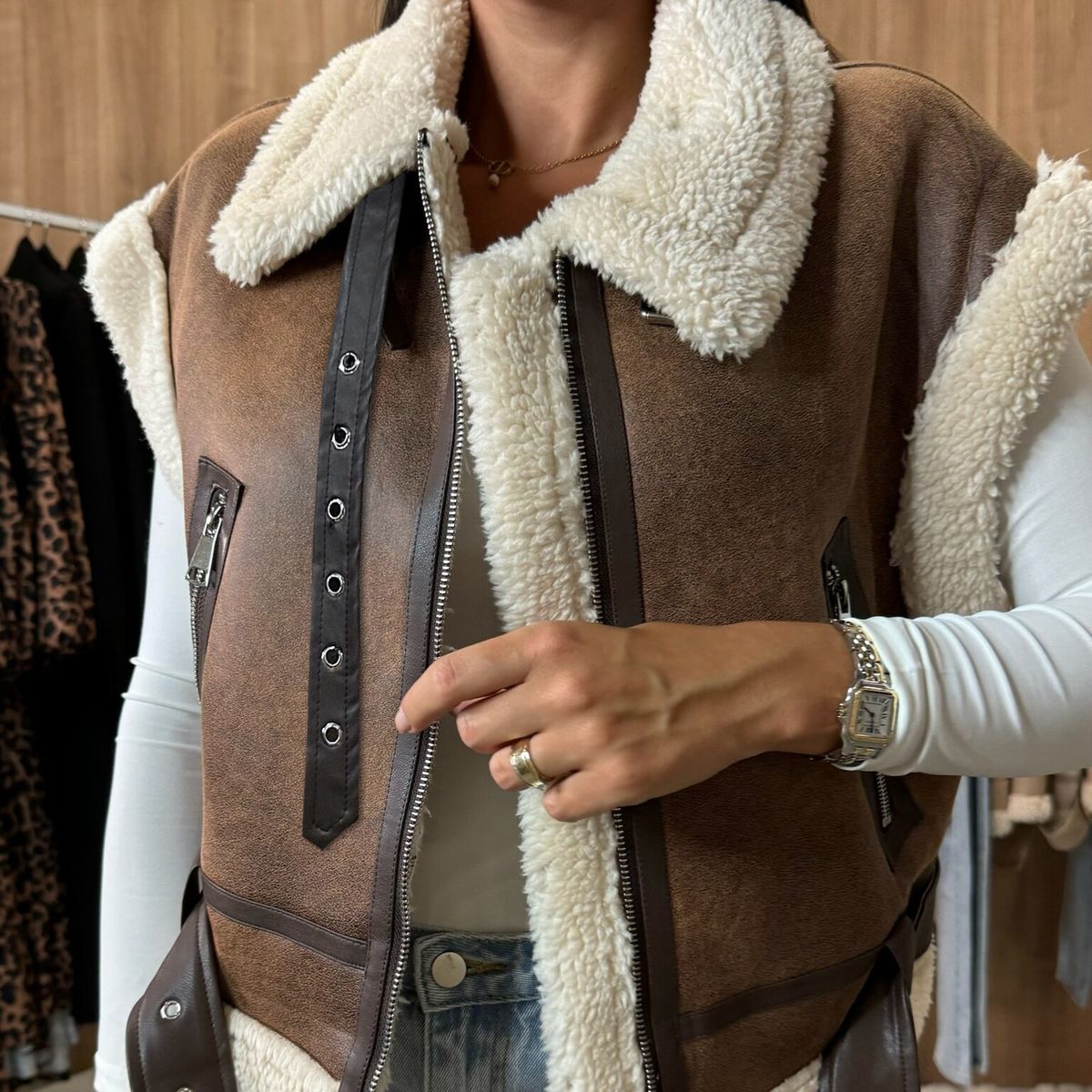 Women’s Faux Leather & Fleece Vest – Zip-Up Biker Style (S-XL, Black/Beige/Brown, Polyester-Cotton Blend, Streetwear, Machine Washable, Unisex Fit)_ecoleips.com