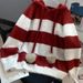 Striped Hooded Sweater – Oversized Pullover Knit With Contrast Trim (One Size, Red/Gray, Cozy Arctic Fleece Blend For Winter, Korean Lazy Style)_ecoleips.com