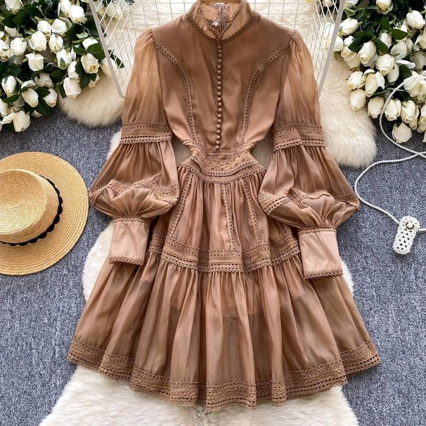 Elegant French Court-Style Lantern Sleeve Dress With Embroidered Lace Details – A-Line High Waist Flowy Maxi Dress For Women_ecoleips.com