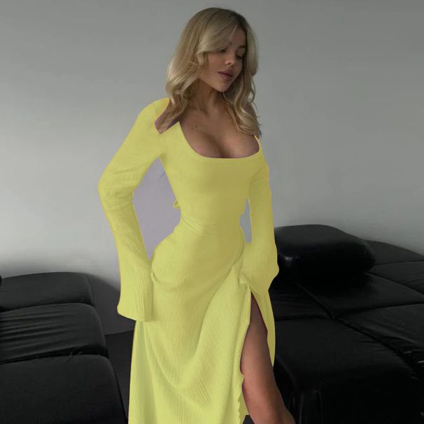 YJ24330 Women's Elegant Slim Fit Long Dress European American Style Pure Alluring Square Neck Tie A-Line Summer New 2024_ecoleips.com