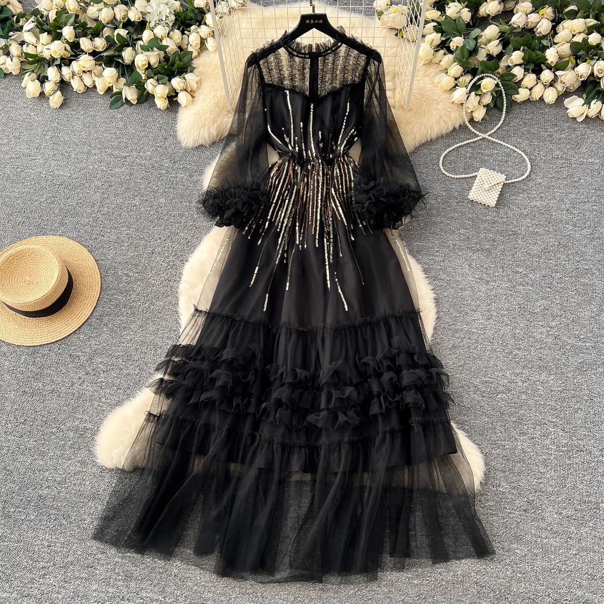 Elegant Long Sleeve Embroidered Mesh Dress With Sequins & 3D Lace For Women - Slim Fit Formal Gown_ecoleips.com