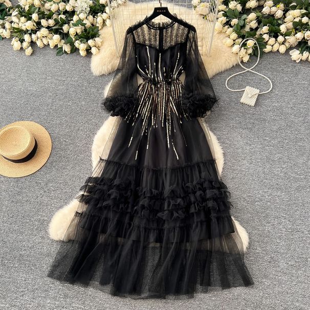 Elegant Long Sleeve Embroidered Mesh Dress With Sequins & 3D Lace For Women - Slim Fit Formal Gown_ecoleips.com
