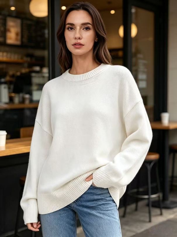 Women's Knitted Sweater Long Sleeve Thickened round Neck Casual Pullover Solid Color plus Size Loose Fit Autumn Winter European American Style_ecoleips.com