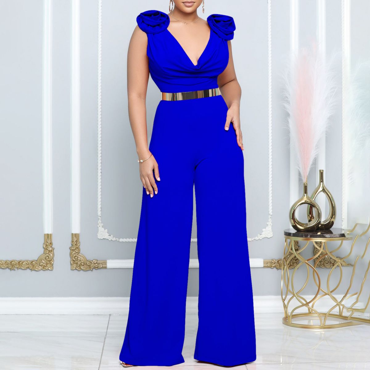 V-Neck Wide Leg Jumpsuit - Sexy High Collar & Sleeveless Design (European & American Style, Solid Color, Comfortable & Chic)_ecoleips.com