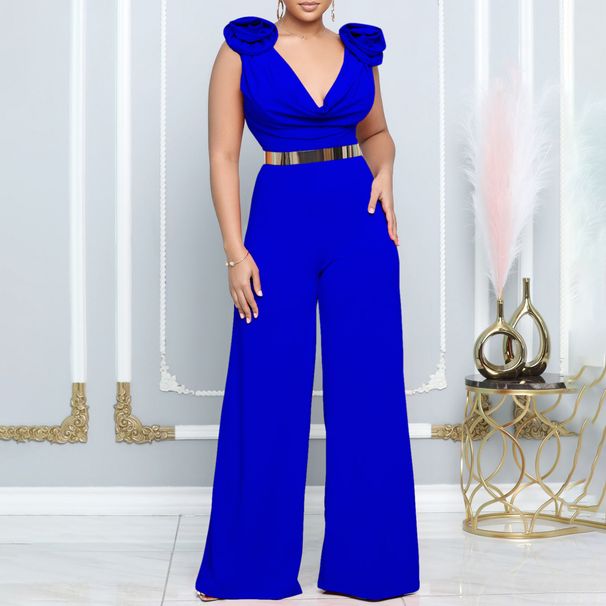 V-Neck Wide Leg Jumpsuit - Sexy High Collar & Sleeveless Design (European & American Style, Solid Color, Comfortable & Chic)_ecoleips.com