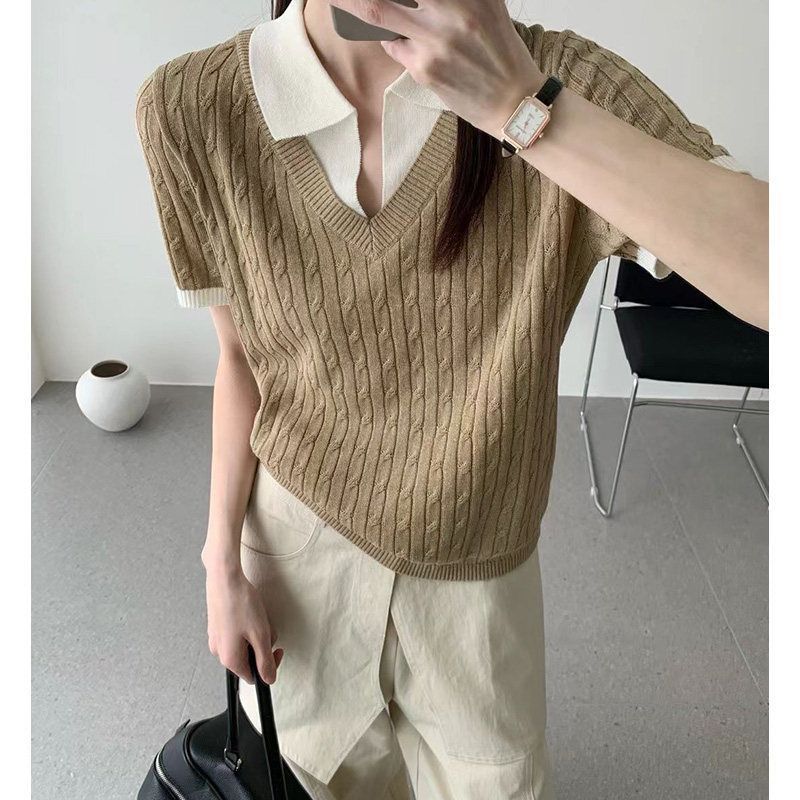 Fake Two-piece Cable Knit Sweater For Women, Style, 2026 Summer New European Fashion Women's Base Shirt, Trendy_ecoleips.com