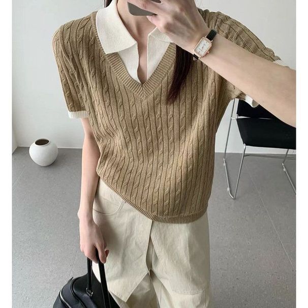 Fake Two-piece Cable Knit Sweater For Women, Style, 2026 Summer New European Fashion Women's Base Shirt, Trendy_ecoleips.com