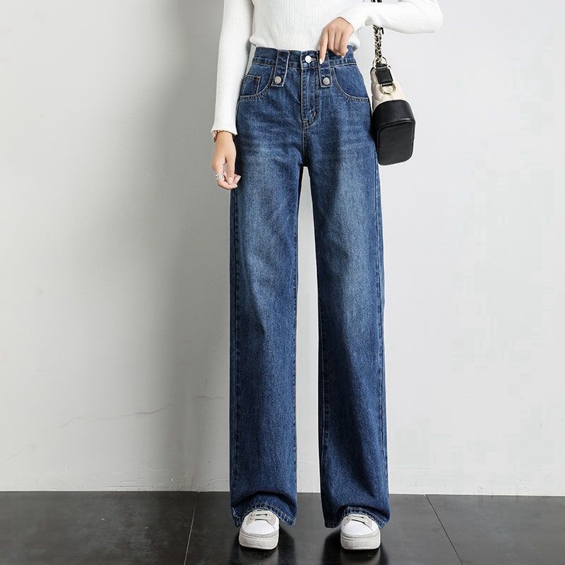 High Waist Stretch Denim Pants For Women - Relaxed Fit Straight Leg Cropped Jeans With Vintage Wash (Light Blue/Dark Blue)_ecoleips.com