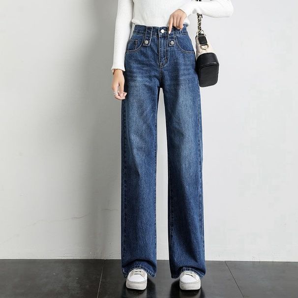 High Waist Stretch Denim Pants For Women - Relaxed Fit Straight Leg Cropped Jeans With Vintage Wash (Light Blue/Dark Blue)_ecoleips.com