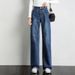 High Waist Stretch Denim Pants For Women - Relaxed Fit Straight Leg Cropped Jeans With Vintage Wash (Light Blue/Dark Blue)_ecoleips.com